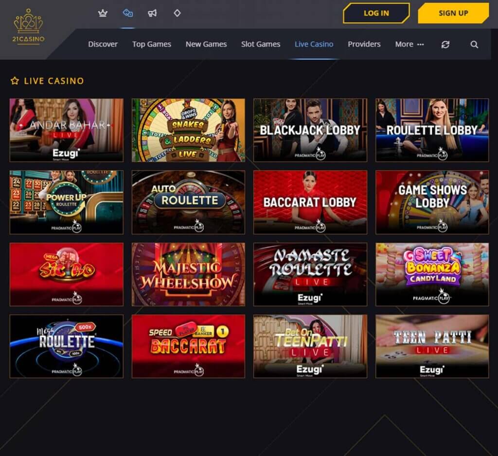 21 Casino desktop live casino screenshot showing real-dealer tables including roulette, blackjack and baccarat with lobby navigation - tested