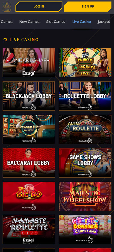 21 Casino mobile live casino screenshot showing real-dealer tables including roulette, blackjack and baccarat on smartphone interface - tested