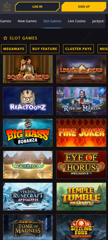 21 Casino mobile slots screenshot showing slot game categories, featured titles and navigation on smartphone interface - tested