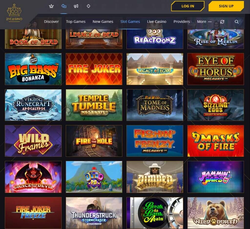 21 Casino desktop slots screenshot showing slot game categories, featured titles and filtering options - tested