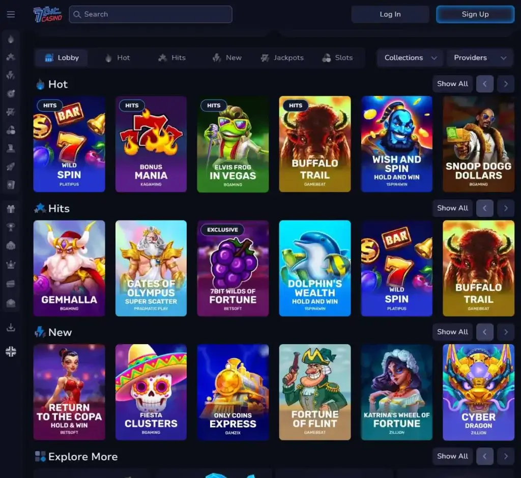 7bit Casino desktop homepage screenshot showing main navigation menu, featured promotions and highlighted casino games - tested 7bit Casino desktop homepage screenshot showing main navigation menu, featured promotions and highlighted casino games - tested