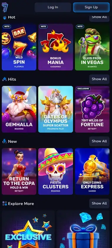 7bit Casino mobile homepage screenshot showing navigation menu, featured bingo rooms and promotions on smartphone interface - tested 7bit Casino mobile homepage screenshot showing navigation menu, featured bingo rooms and promotions on smartphone interface - tested