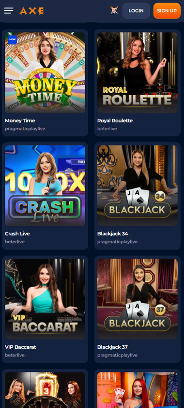 Axe Casino mobile live casino screenshot showing real-dealer tables including roulette, blackjack and baccarat on smartphone interface - tested Axe Casino mobile live casino screenshot showing real-dealer tables including roulette, blackjack and baccarat on smartphone interface - tested