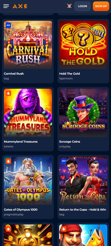 Axe Casino mobile slots screenshot showing slot game categories, featured titles and navigation on smartphone interface - tested Axe Casino mobile slots screenshot showing slot game categories, featured titles and navigation on smartphone interface - tested