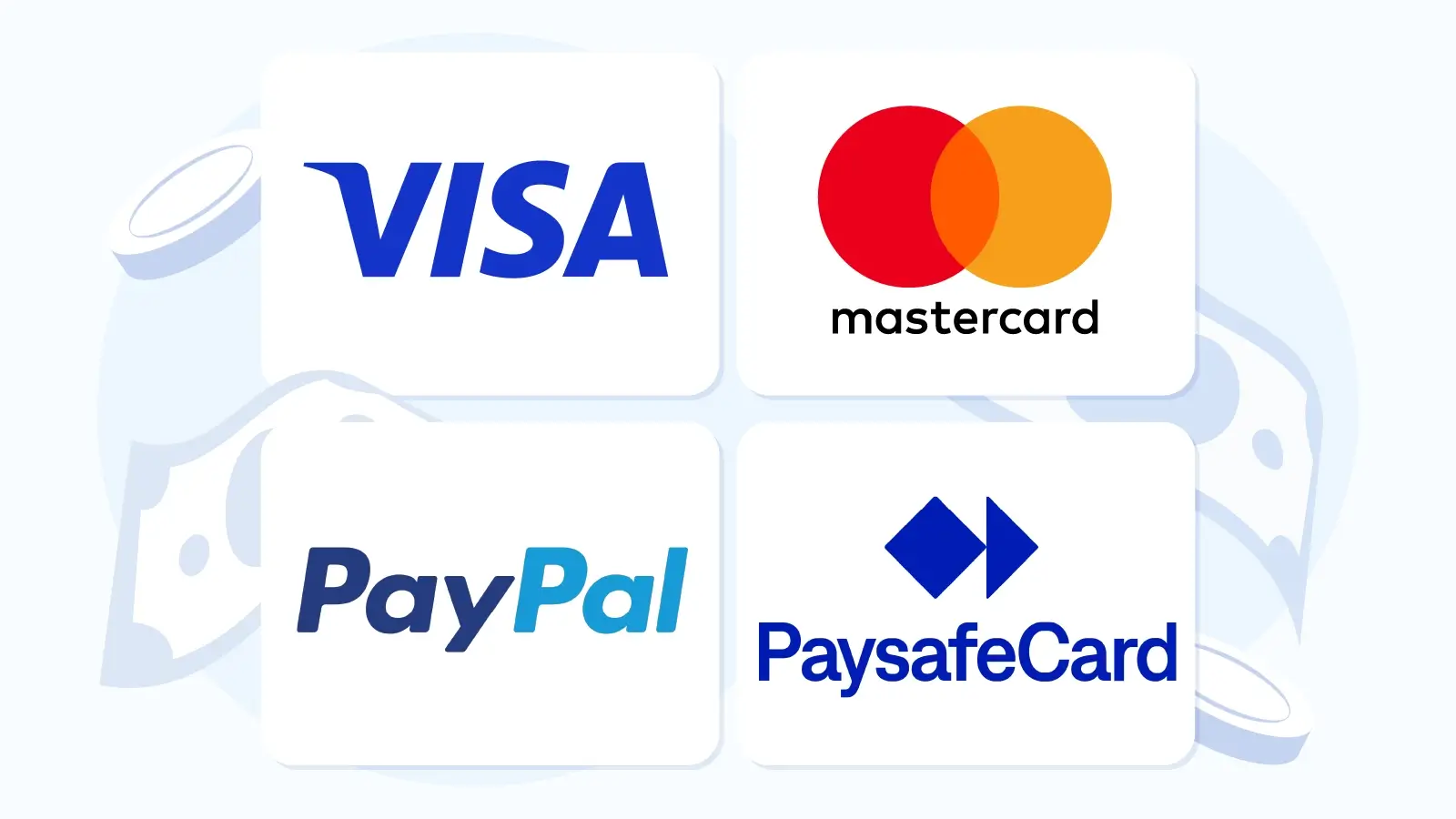 Visual guide showing three recommended payment methods for Irish minimum deposit casinos: Visa and Mastercard debit cards, PayPal digital wallet, and Paysafecard prepaid voucher with deposit limits and processing times on royal purple background