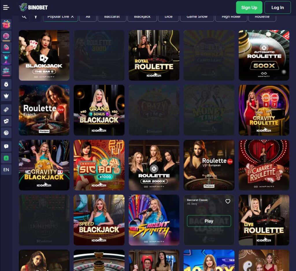 Bino.Bet Casino desktop live casino screenshot showing real-dealer tables including roulette, blackjack and baccarat with lobby navigation - tested Bino.Bet Casino desktop live casino screenshot showing real-dealer tables including roulette, blackjack and baccarat with lobby navigation - tested