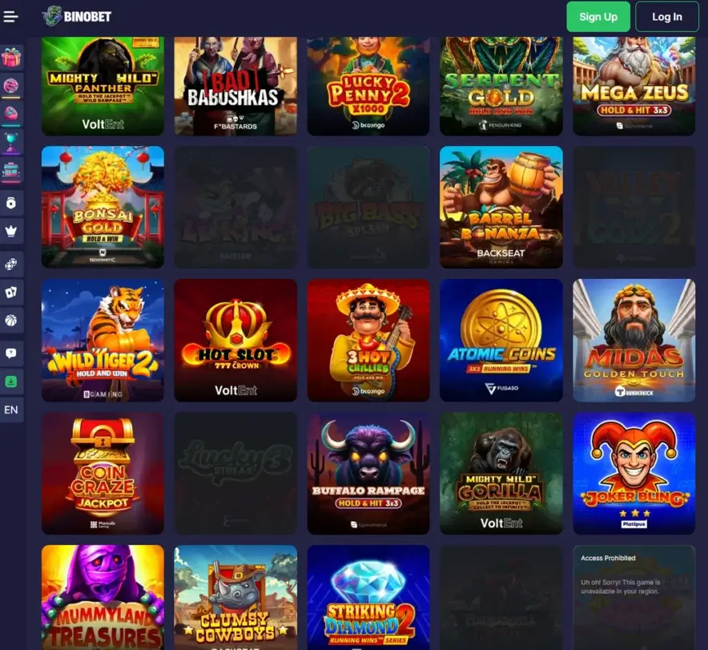 Bino.Bet Casino desktop slots screenshot showing slot game categories, featured titles and filtering options - tested Bino.Bet Casino desktop slots screenshot showing slot game categories, featured titles and filtering options - tested