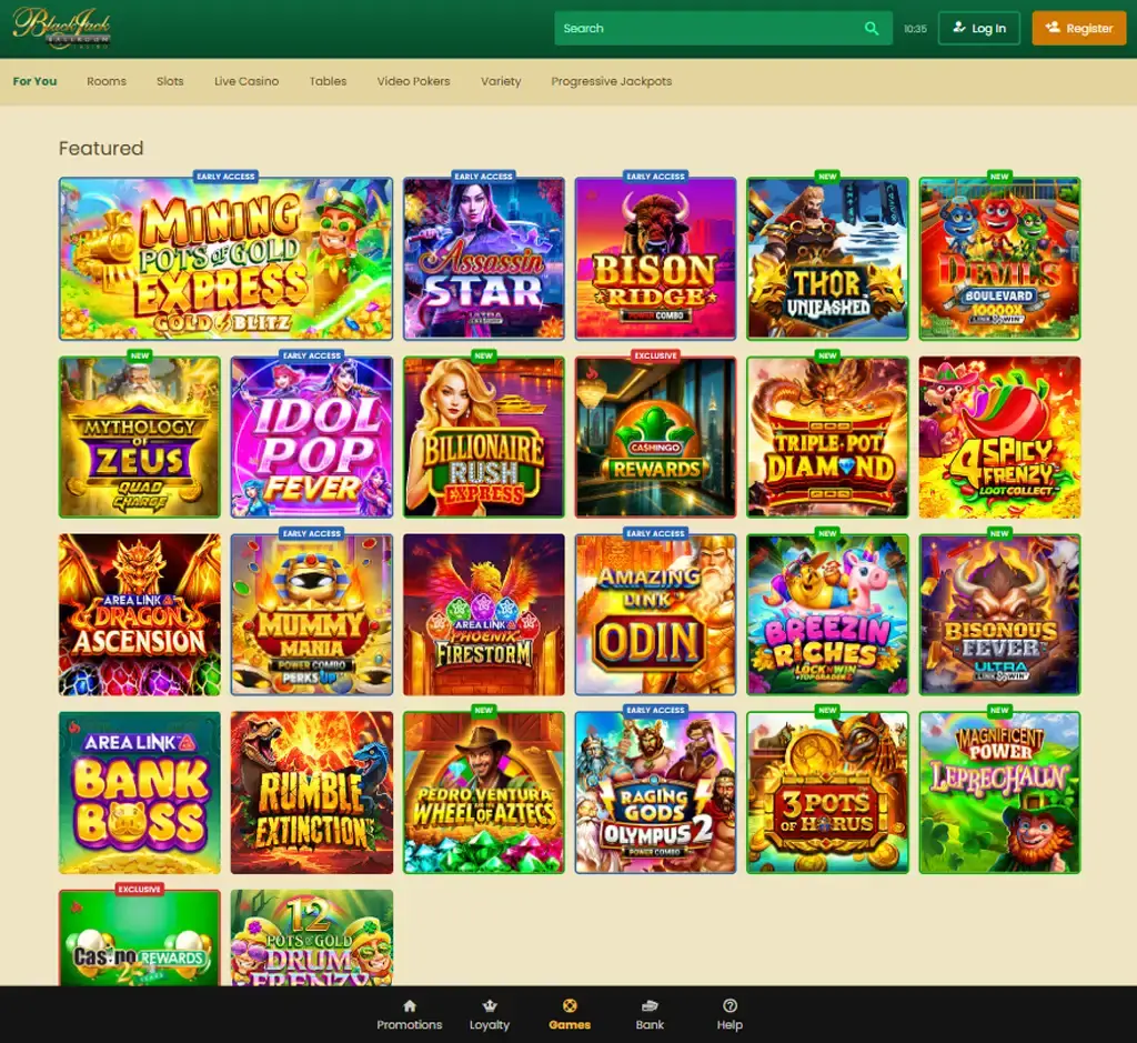 Blackjack Ballroom Casino desktop homepage screenshot displaying main lobby with featured games, promotions and navigation menu - tested