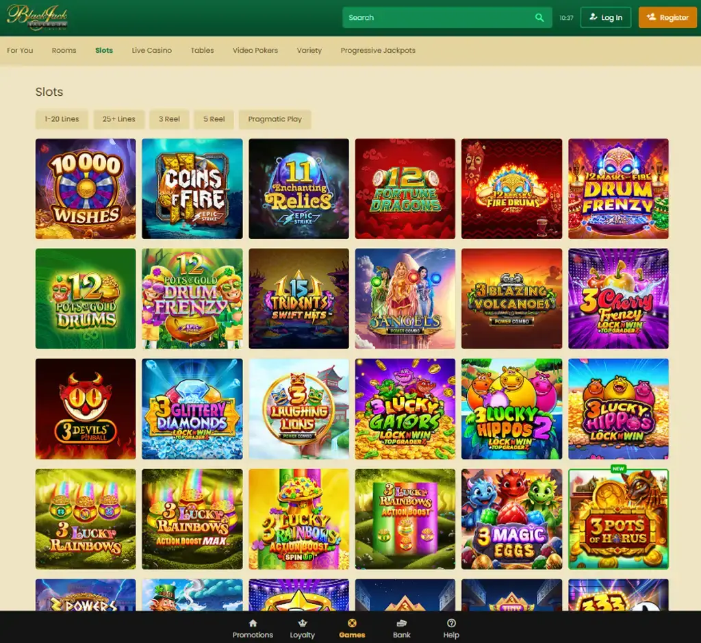 Blackjack Ballroom Casino desktop slots lobby screenshot presenting variety of slot games with categories and providers - verified