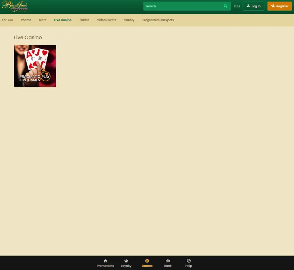 Blackjack Ballroom Casino desktop live casino lobby screenshot featuring live dealer games and real-time streaming interface - review testing