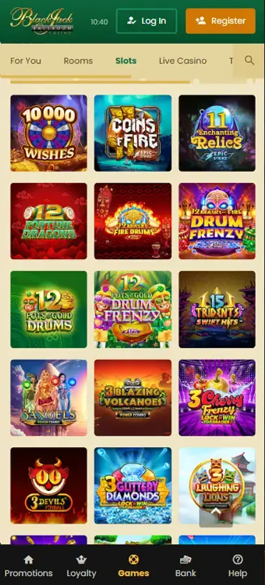 Blackjack Ballroom casino mobile slots section - captured during our review