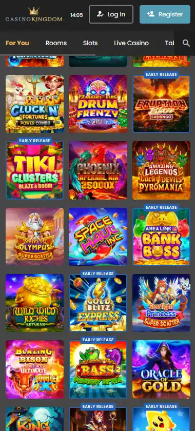 Casino Kingdom mobile homepage screenshot showing hero banners, navigation menu, featured games and promotional sections on smartphone interface - tested