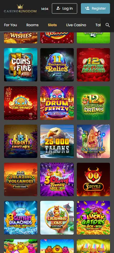 Casino Kingdom mobile slots screenshot showing slot game library with featured titles, categories and navigation on smartphone interface - tested
