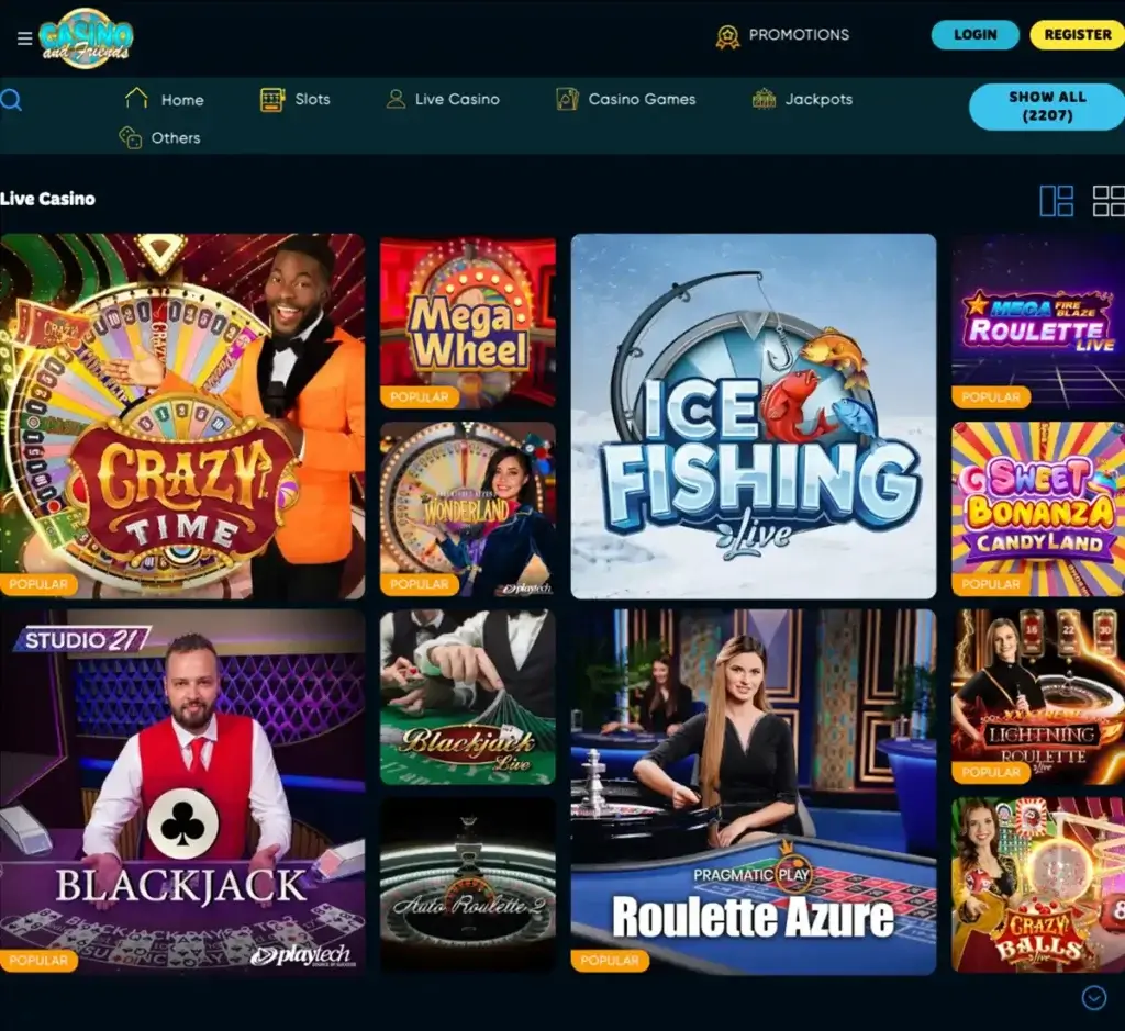 Casinoandfriends desktop live casino screenshot showing real-dealer tables including roulette, blackjack and baccarat on smartphone interface - tested