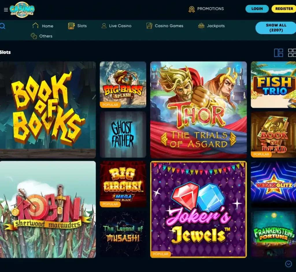 Casinoandfriends desktop slots screenshot showing slot game categories, featured titles and filtering options - tested