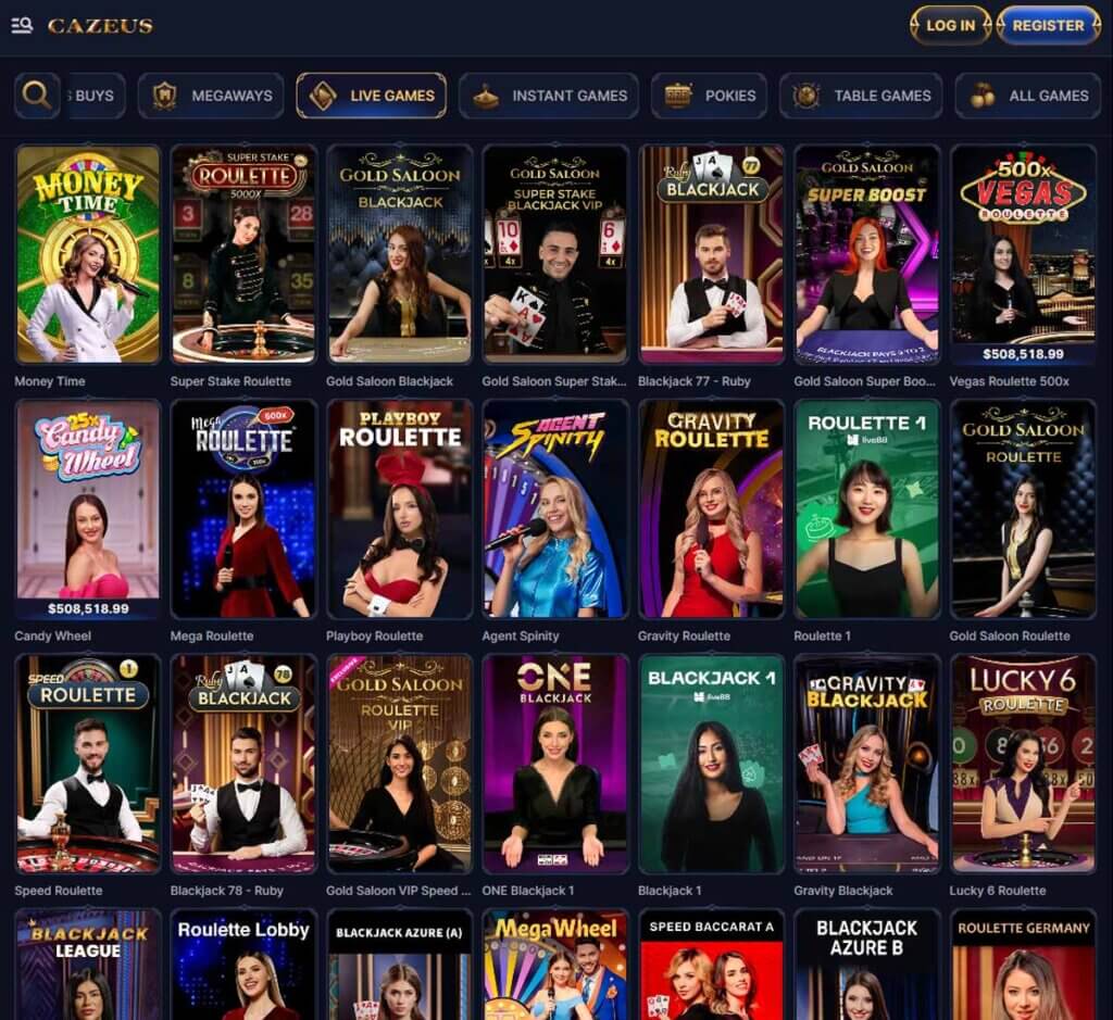 Cazeus Casino desktop live casino screenshot showing real-dealer tables including roulette, blackjack and baccarat with lobby navigation - tested Cazeus Casino desktop live casino screenshot showing real-dealer tables including roulette, blackjack and baccarat with lobby navigation - tested