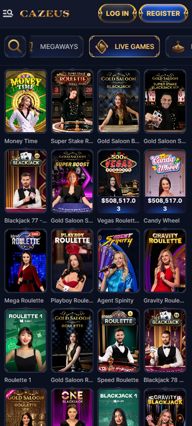 Cazeus Casino mobile live casino screenshot showing real-dealer tables including roulette, blackjack and baccarat on smartphone interface - tested Cazeus Casino mobile live casino screenshot showing real-dealer tables including roulette, blackjack and baccarat on smartphone interface - tested