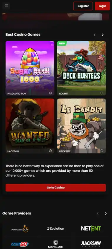 Chipstars Casino mobile homepage screenshot showing hero banners, navigation menu, featured games, and promotional sections on smartphone interface - tested