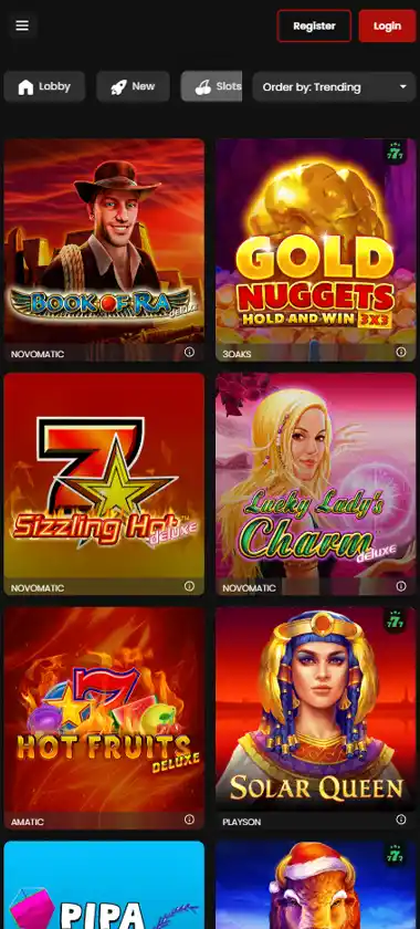 Chipstars Casino mobile slots screenshot showing slot game library with featured titles, categories, and scrollable navigation on smartphone interface - tested