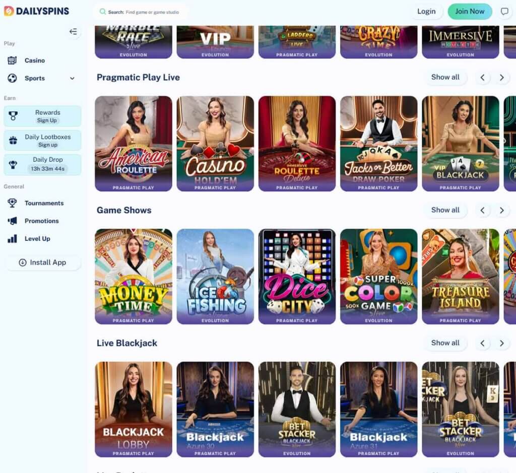 Daily Spins Casino desktop live casino screenshot showing real-dealer tables including roulette, blackjack and baccarat with lobby navigation - tested