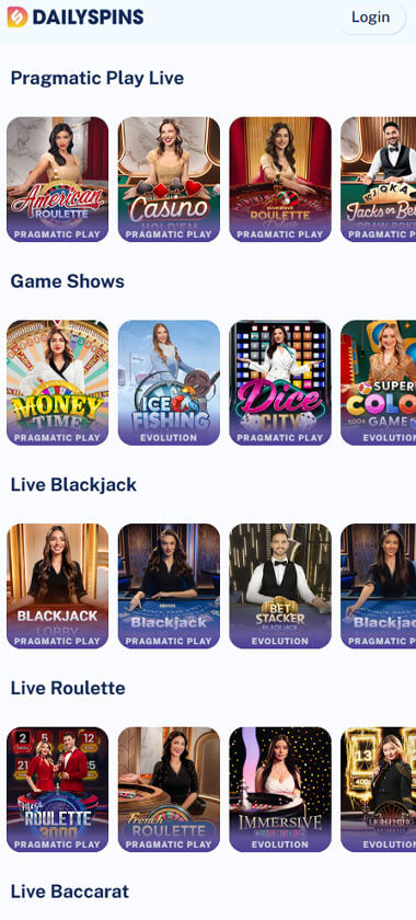 Daily Spins Casino mobile live casino screenshot showing real-dealer tables including roulette, blackjack and baccarat on smartphone interface - tested