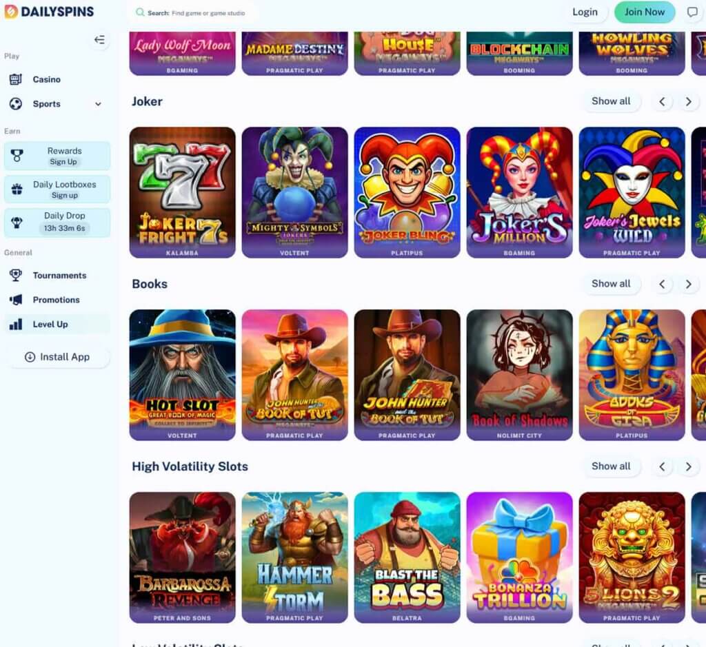 Daily Spins Casino desktop slots screenshot showing slot game categories, featured titles and filtering options - tested