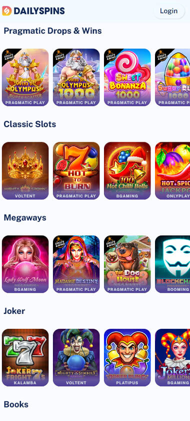 Daily Spins Casino mobile slots screenshot showing slot game categories, featured titles and navigation on smartphone interface - tested