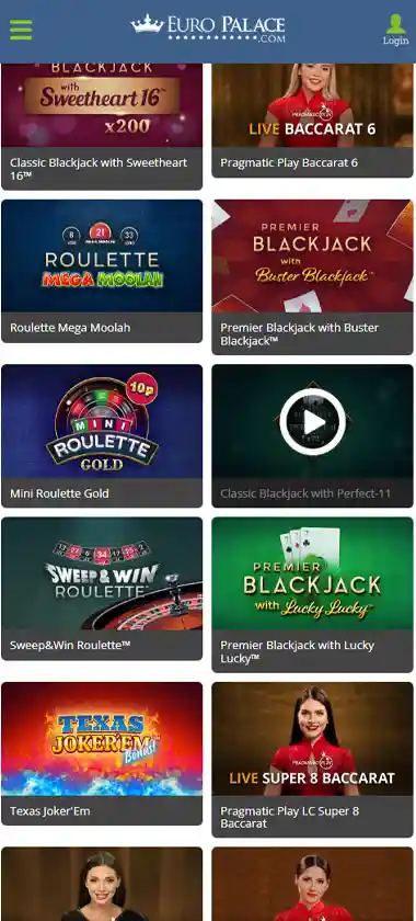 Europalace Casino mobile live casino interface screenshot showing live dealer tables including blackjack and roulette - tested