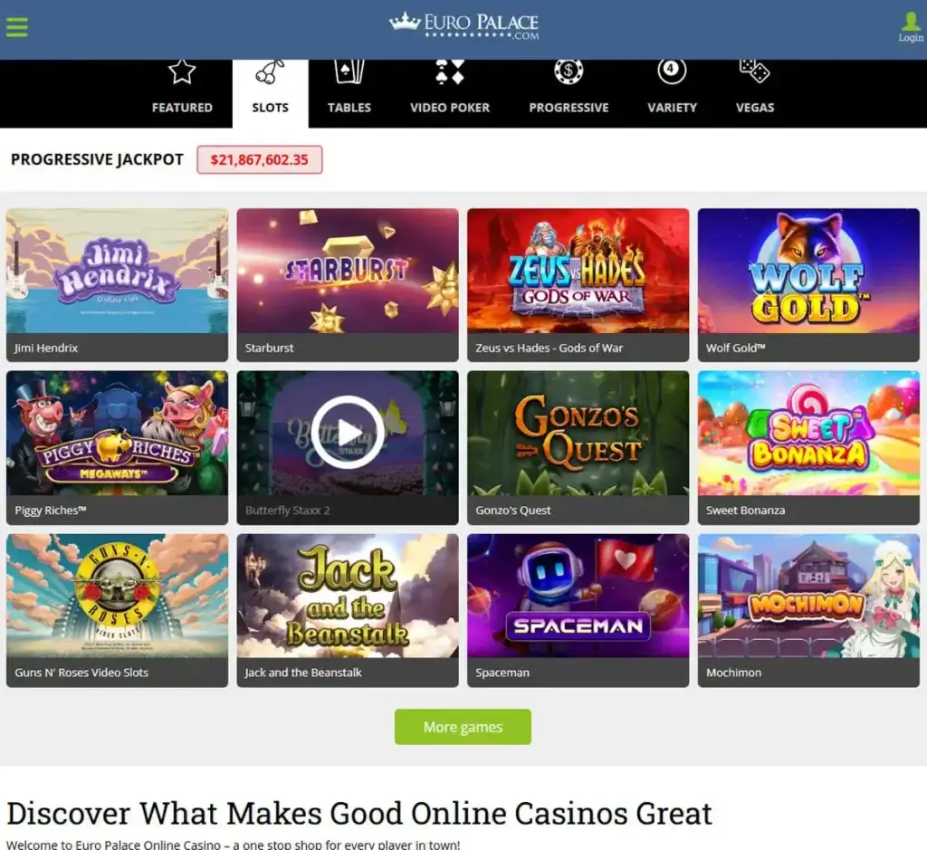 Europalace Casino desktop slots lobby screenshot presenting variety of slot games with categories and providers - verified
