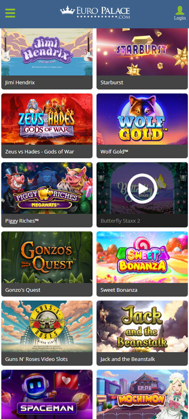 Europalace Casino mobile slots interface screenshot showing slot game selection with popular titles and filtering options - captured during platform testing