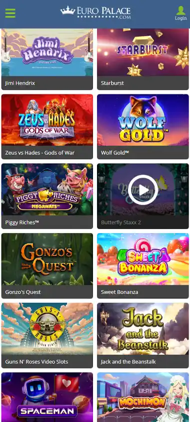 Europalace Casino mobile slots interface screenshot showing slot game selection with popular titles and filtering options - captured during platform testing