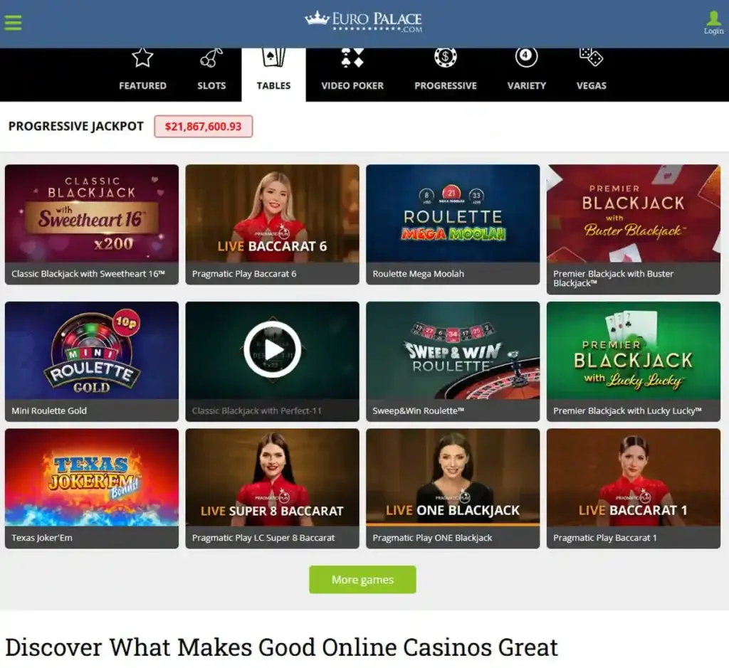 Europalace Casino desktop table games lobby screenshot displaying classic games such as blackjack, roulette and baccarat - tested