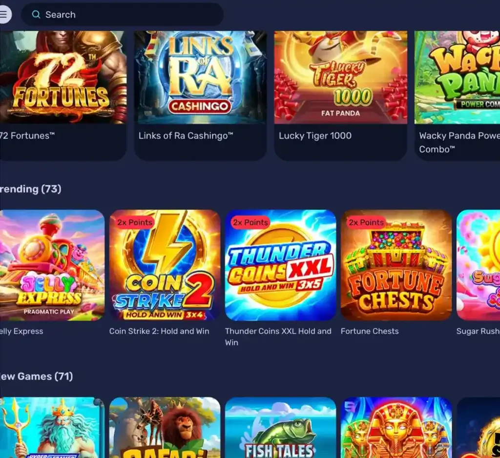 Galacticwins Casino desktop homepage screenshot displaying hero banners, navigation menu, featured games, and promotional sections on widescreen interface - tested