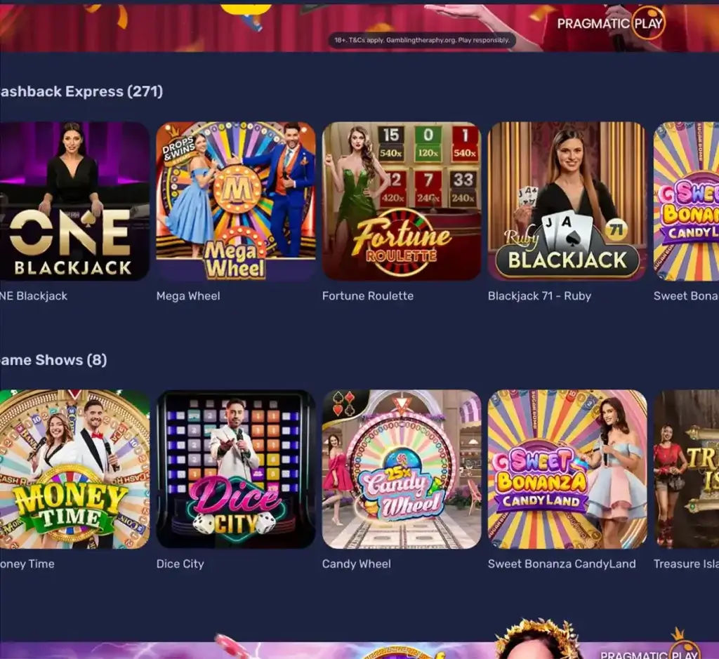 Galacticwins Casino desktop live casino screenshot displaying live dealer tables, streaming interface, and game selection grid on widescreen layout - tested