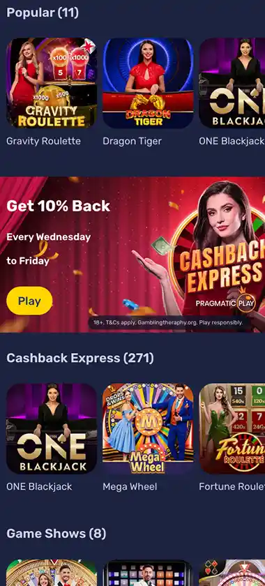 Galacticwins Casino mobile live casino screenshot showing live dealer tables, game thumbnails, and lobby navigation on smartphone interface - tested
