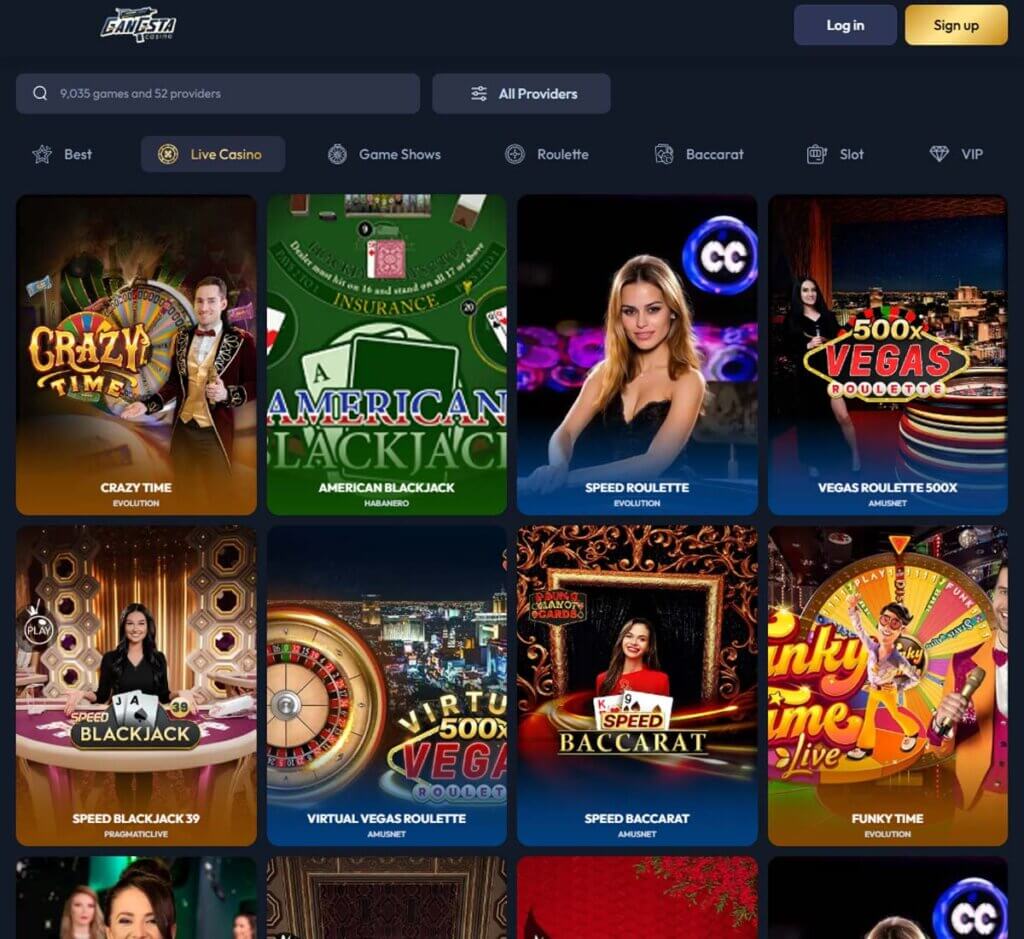 Gangsta Casino desktop live casino screenshot showing real-dealer tables including roulette, blackjack and baccarat with lobby navigation - tested