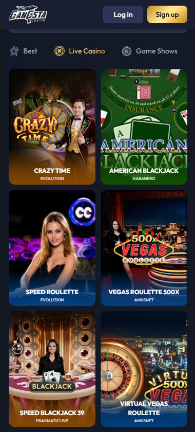Gangsta Casino mobile live casino screenshot showing real-dealer tables including roulette, blackjack and baccarat on smartphone interface - tested