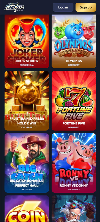 Gangsta Casino mobile slots screenshot showing slot game categories, featured titles and navigation on smartphone interface - tested