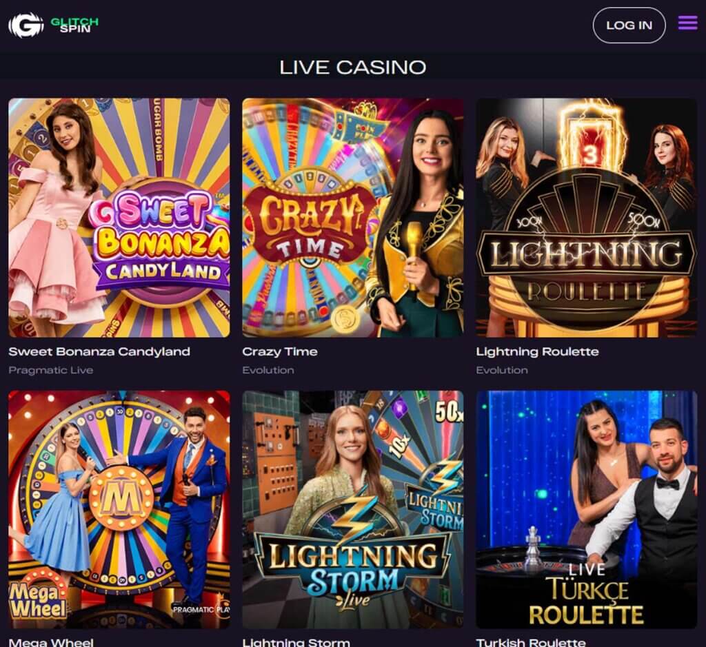 Glitch Spin Casino desktop interface screenshot showing slot game variety including popular titles and jackpot games - tested by our team