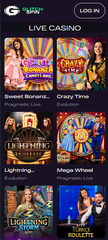 Glitch Spin Casino mobile interface screenshot showing slot games optimized for mobile devices - tested on iOS and Android