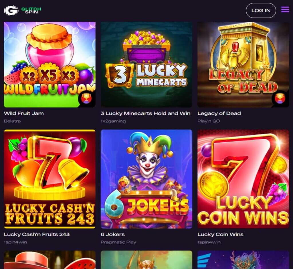 Glitch Spin Casino desktop interface screenshot displaying live dealer games including roulette, blackjack and baccarat tables - tested during review