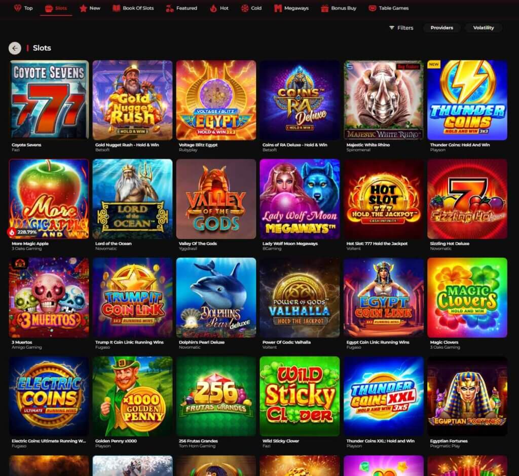 God Of Casino desktop slots screenshot showing slot game categories, featured titles and filtering options - tested