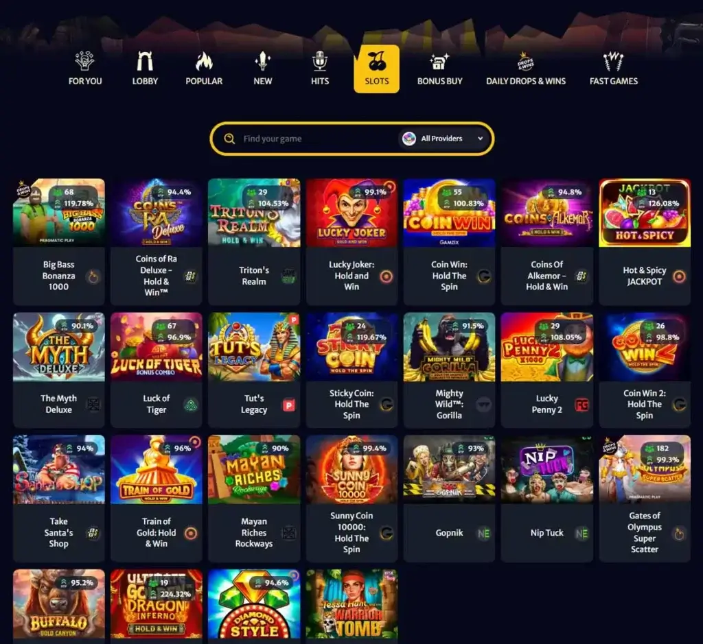 Hellspin Casino desktop slots lobby screenshot presenting variety of slot games with categories and providers - tested