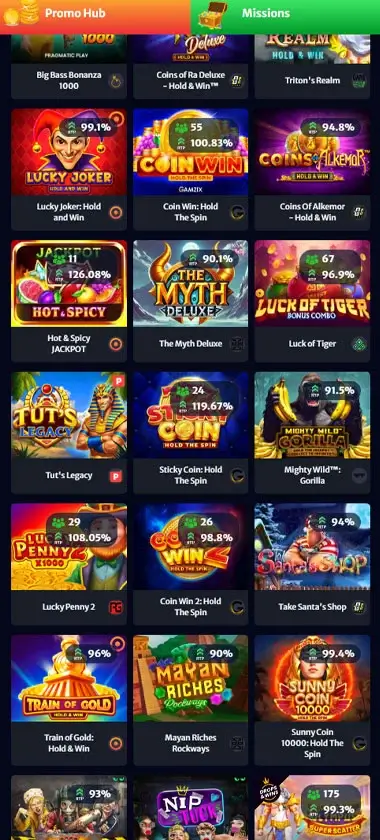Hellspin Casino mobile slots interface screenshot showing slot game selection with popular titles and filtering options - tested