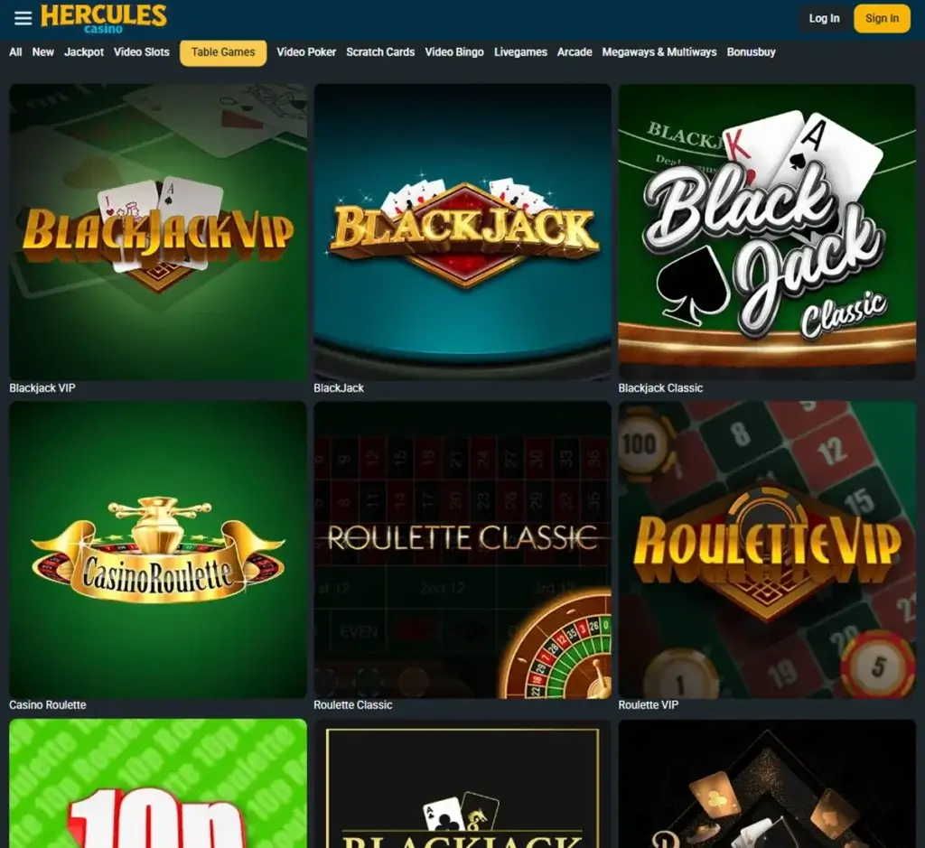 Hercules Casino desktop table games screenshot displaying blackjack, roulette, and other table game options with categories and game thumbnails on widescreen interface - tested