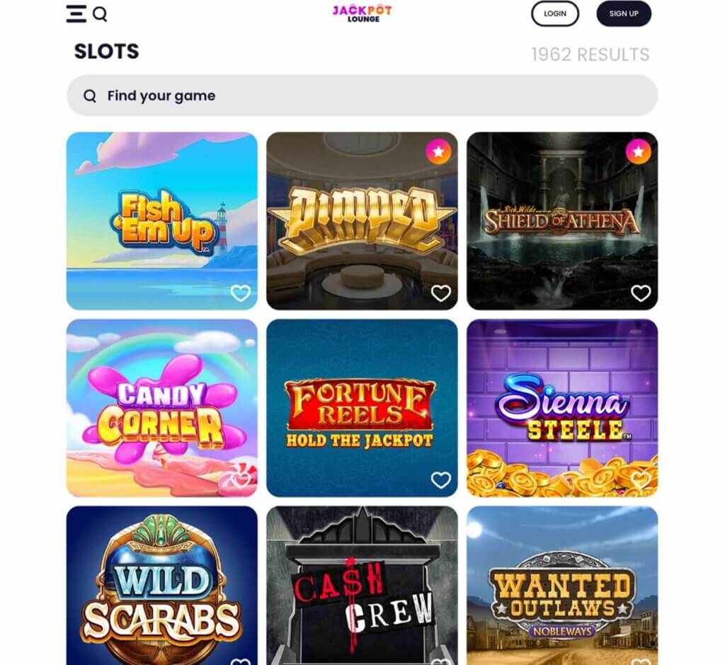Jackpot Lounge Casino desktop slots variety screenshot showing featured slot titles and categories – tested