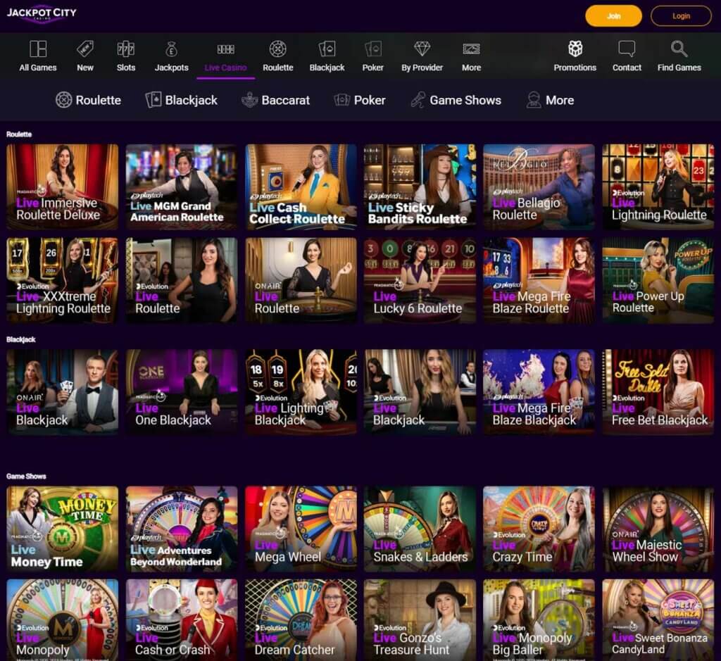 Jackpotcity Casino desktop live casino screenshot showing real-dealer tables including roulette, blackjack and baccarat with lobby navigation - tested