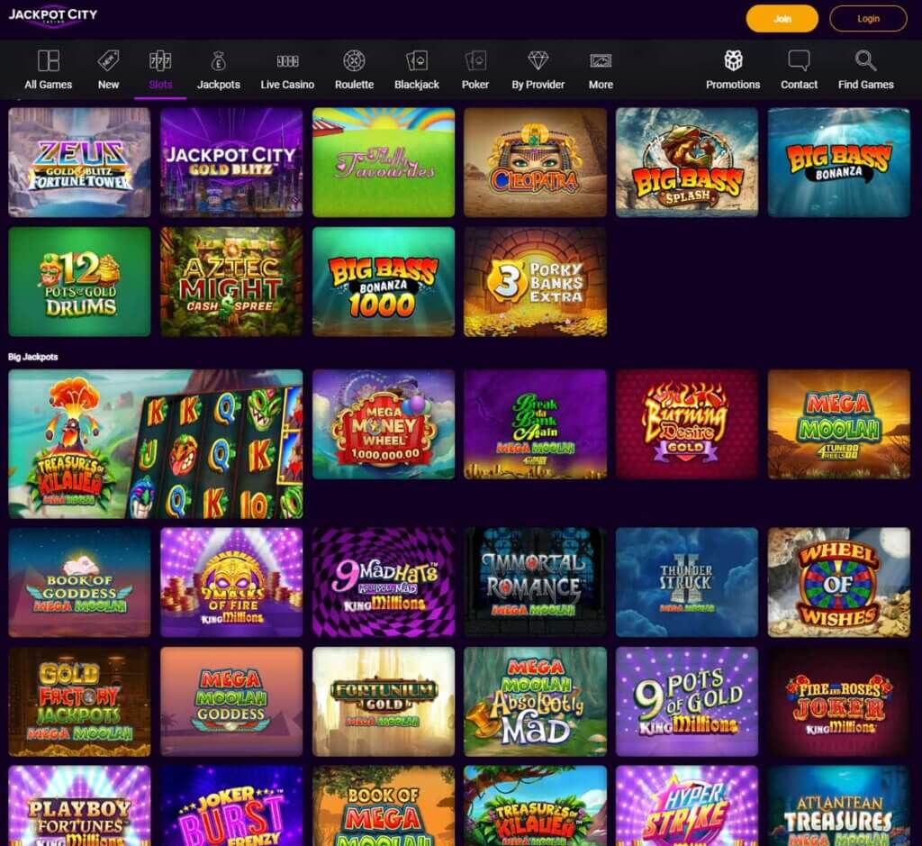 Jackpotcity Casino desktop slots screenshot showing slot game categories, featured titles and filtering options - tested