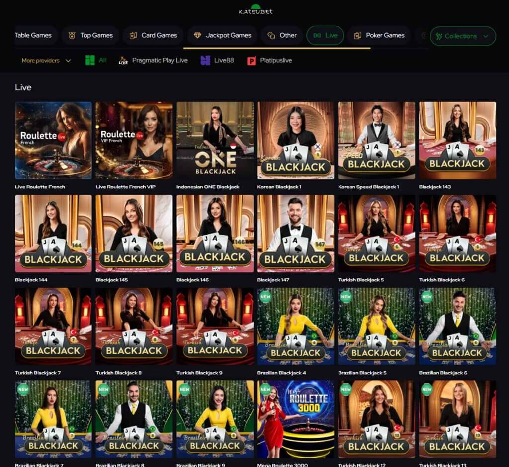 KatsuBet Casino desktop live casino lobby screenshot featuring live dealer games and real-time streaming interface - review testing