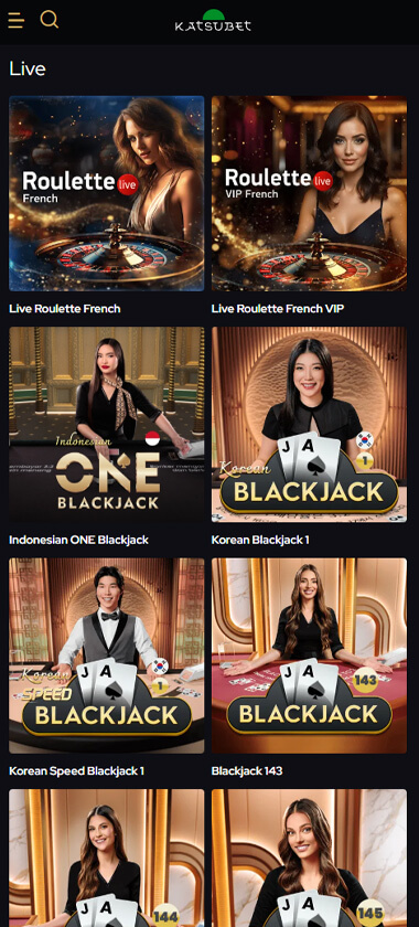 KatsuBet Casino mobile live casino interface screenshot showing live dealer tables including blackjack and roulette - tested